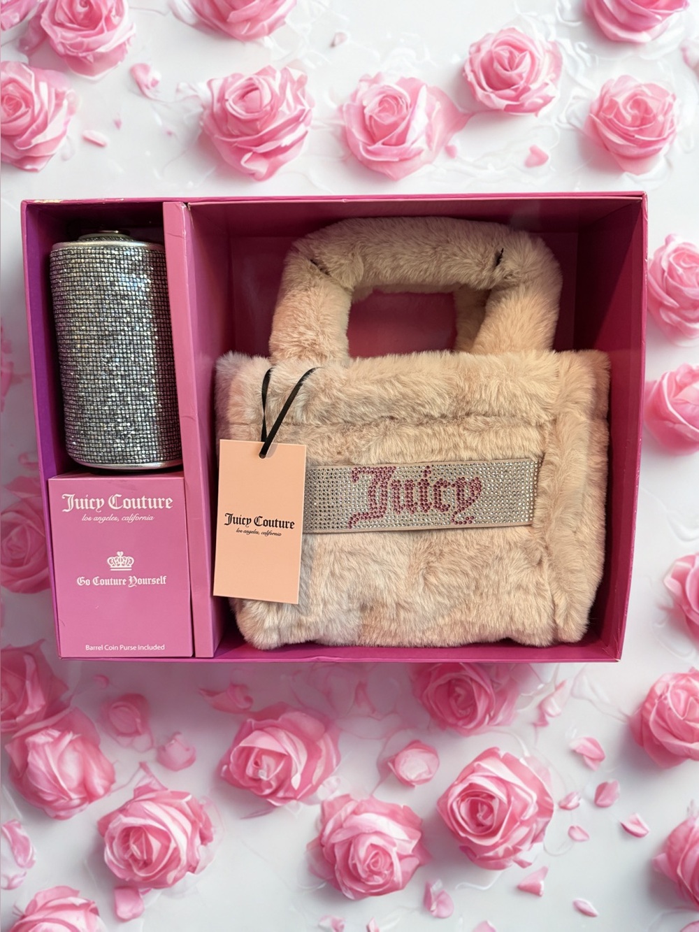 💕JUICY COUTURE💕Blush Pink Faux Fur Mini Tote & Barrel Coin Purse/NWT